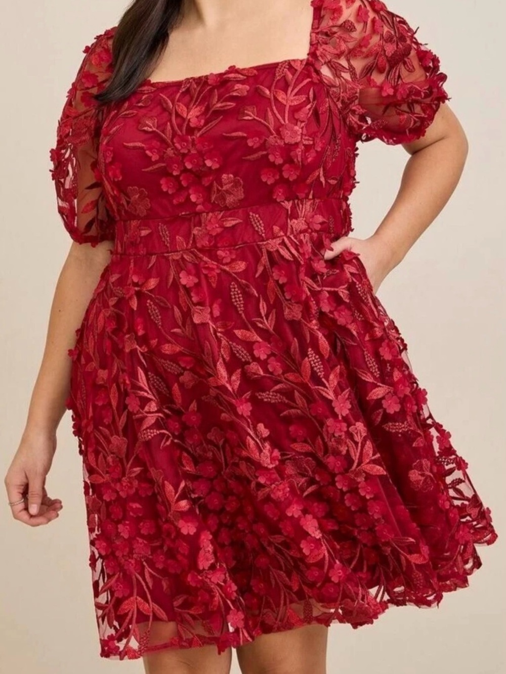 TORRID Mini Textured Floral Mesh Puff
Sleeve Skater Mini Dress Red 24 Party